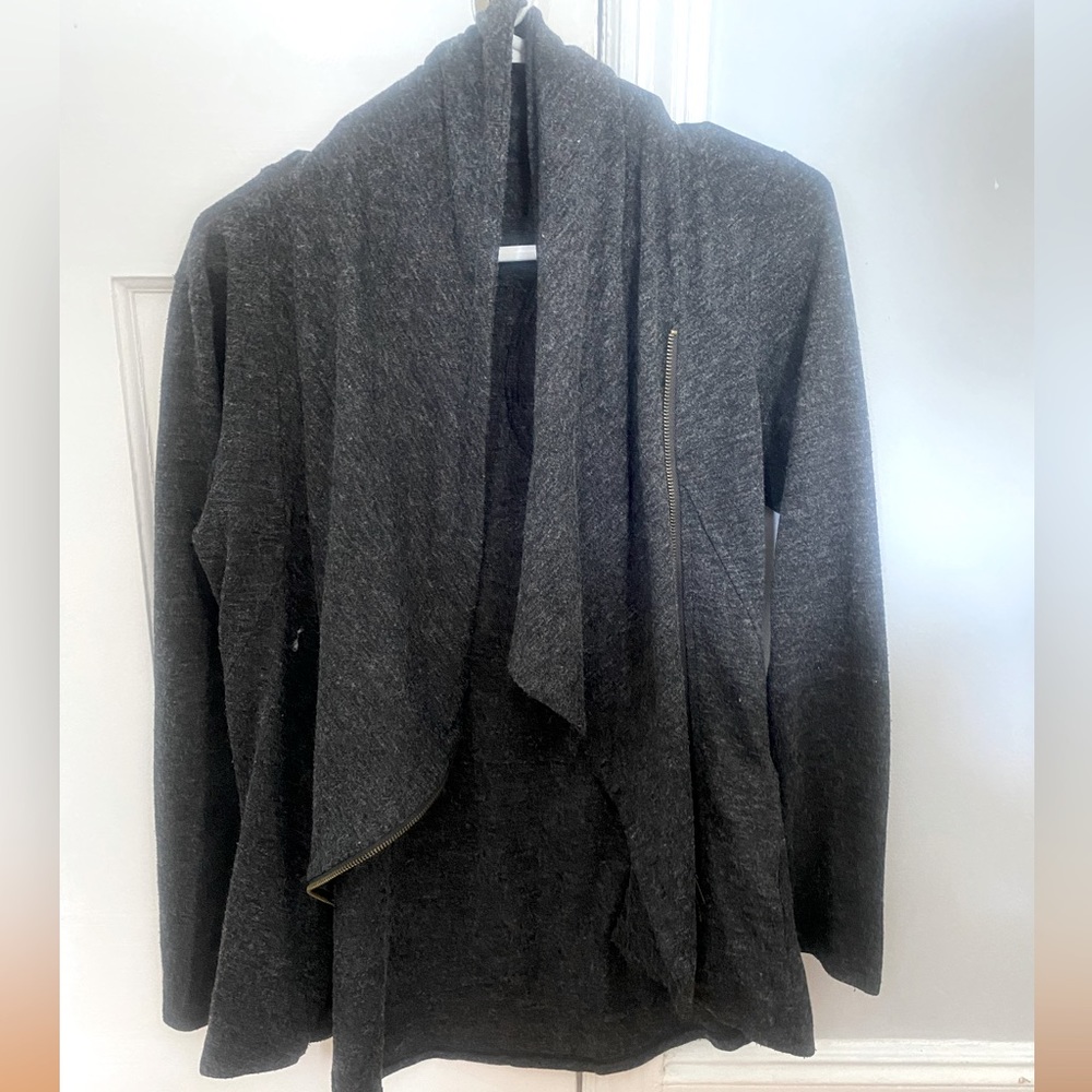 Modcloth asymmetrical Moto cardigan. Gray. Cowl neck when zipped